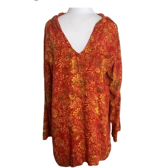 Soft Surroundings Women Orange Floral Print Hooded Pullover Roll Tab Sleeve PS - Picture 14 of 14